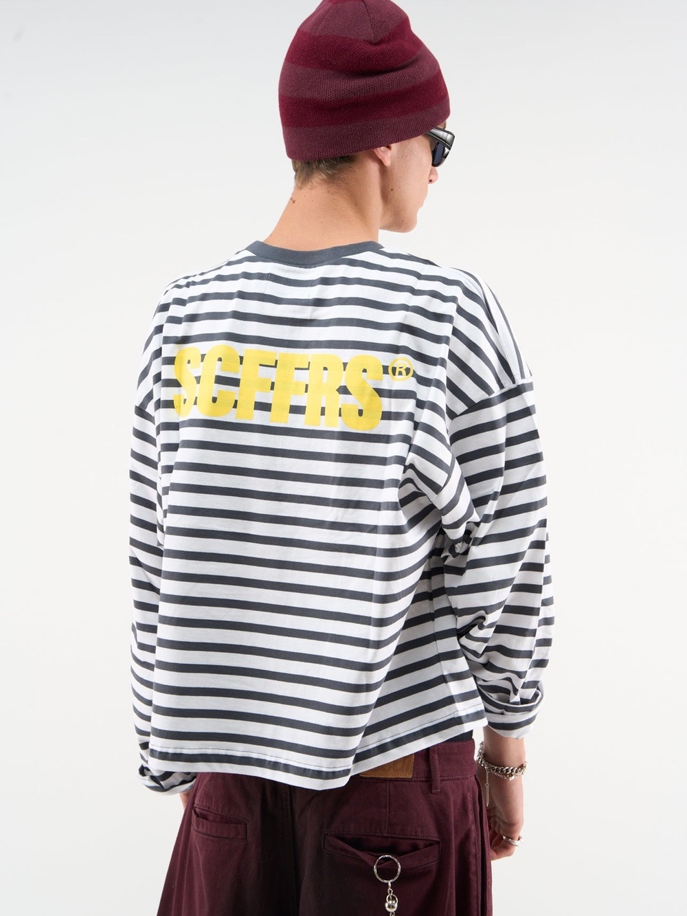 SCFFRS Scuffers Black & White Striped Long-Sleeve Shirt with Yellow Logo size S